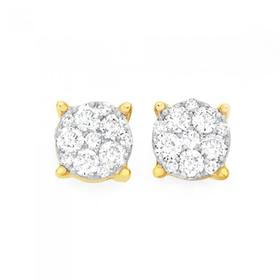 9ct+Gold+Diamond+Round+Brilliant+Cut+Cluster+Stud+Earrings