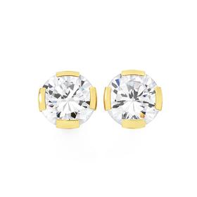 9ct+Gold+Cubic+Zirconia+Round+Brilliant+Cut+Semi+Bezel+Stud+Earrings