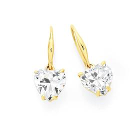 9ct+Gold+CZ+Heart+Drop+Hook+Earrings