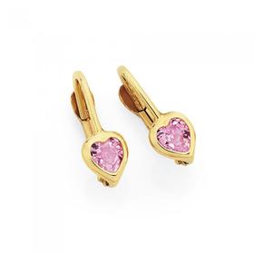 9ct+Gold+Pink+CZ+Heart+Earrings