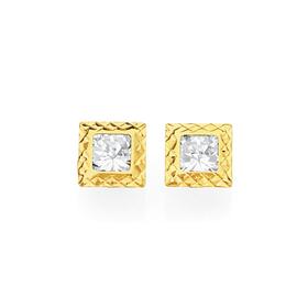 9ct+Gold+Square+CZ+Stud+Earrings