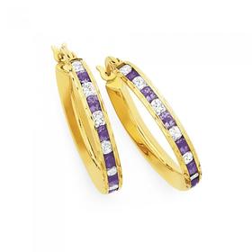 9ct-Gold-Amethyst-CZ-Hoop-Earrings on sale