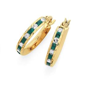 9ct+Gold+Small+Created+Emerald+%26amp%3B+CZ+Hoops