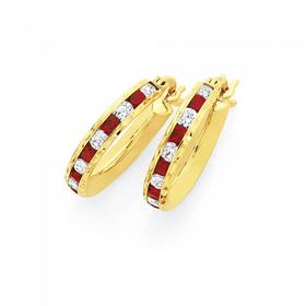 9ct+Gold+Created+Ruby+%26+CZ+Hoop+Earrings