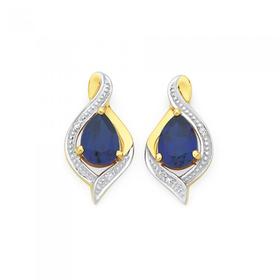 9ct+Gold+Created+Sapphire+%26amp%3B+Diamond+Pear+Swirl+Stud+Earrings