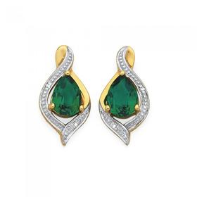 9ct+Gold+Created+Emerald+%26amp%3B+Diamond+Pear+Studs