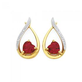 9ct-Gold-Created-Ruby-Diamond-Heart-in-Loop-Stud-Drop-Earrings on sale