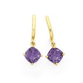 9ct-Gold-Amethyst-Cushion-Bar-Drop-Stud-Earrings on sale