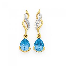 9ct+Gold+Blue+Topaz+%26amp%3B+Diamond+Pear+Twist+Drop+Earrings