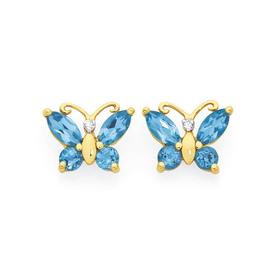 9ct+Gold+Blue+Topaz+%26amp%3B+Diamond+Butterfly+Stud+Earrings