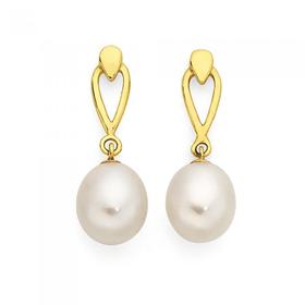 9ct+Gold+Cultured+Fresh+Water+Pearl+Drop+Earrings