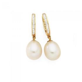 9ct+Gold+Pearl+%26amp%3B+Diamond+Hoop+Drop+Earrings