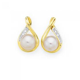 9ct+Gold+Cultured+Fresh+Water+Pearl+%26amp%3B+Diamond+Stud+Earrings