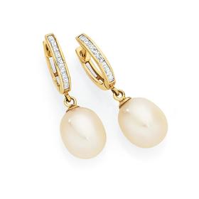 9ct+Gold+Pearl+%26amp%3B+CZ+Drop+Earrings