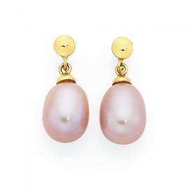9ct+Gold+Pink+Cultured+Freshwater+Pearl+Tear+Drop+Stud+Earrings