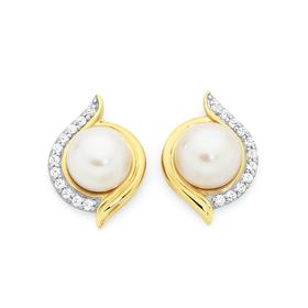 9ct-Gold-Cultured-Freshwater-Pearl-Cubic-Zirconia-Swirl-Stud-Earrings on sale