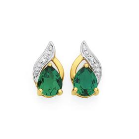 9ct+Gold+Created+Emerald+Stud+Earrings