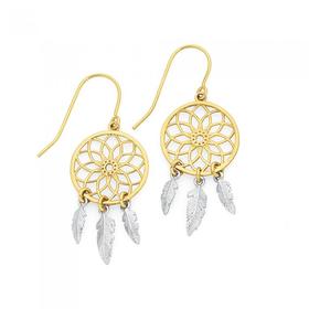 9ct+Gold+Two+Tone+Dream+Catcher+Drop+Earrings