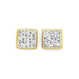 9ct+Gold+Crystal+Square+Stud+Earrings