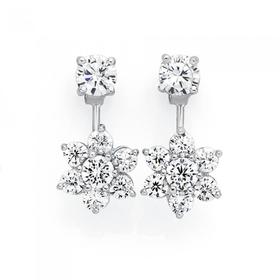 Silver+Double+Flower+Cubic+Zirconia+Stud+Earrings