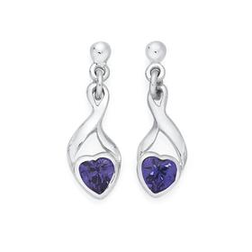 Silver+Purple+Cubic+Zirconia+Heart+Twist+Earrings