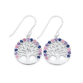 Silver+Multi+Colour+Cubic+Zirconia+Round+Tree+of+Life+Hook+Earrings