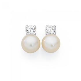 Silver+Fresh+Water+Pearl+With+Small+Cubic+Zirconia+Stud+Earrings