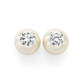 Silver+Cubic+Zirconia+%26amp%3B+Synthetic+Pearl+Duo+Stud+Earrings