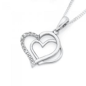 9ct+White+Gold+Diamond+Double+Heart+Pendant