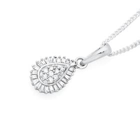 9ct-White-Gold-Diamond-Round-Brilliant-Cut-Baguette-Tear-Drop-Pendant on sale