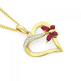 9ct+Gold+Created+Ruby+%26amp%3B+Diamond+Butterfly+Open+Heart+Pendant