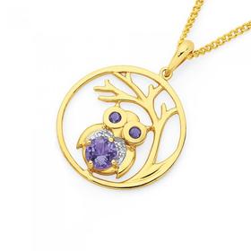 9ct-Gold-Amethyst-Diamond-Owl-Tree-Pendant on sale