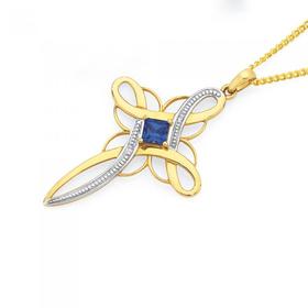 9ct-Gold-Created-Sapphire-Diamond-Cross-Pendant on sale