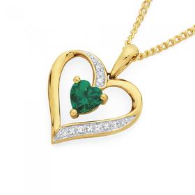 9ct+Gold+Created+Emerald+%26amp%3B+Diamond+Heart+Pendant