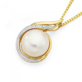 9ct+Gold+Cultured+Fresh+Water+Pearl+%26amp%3B+Diamond+Swirl+Pendant