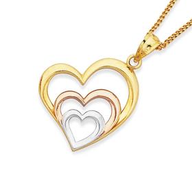 9ct+Gold+Tri+Tone+Triple+Heart+Pendant