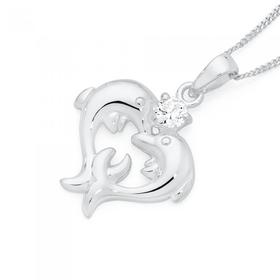 Silver+CZ+Dolphin+Heart+Pendant