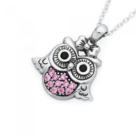 Silver+Black+Cubic+Zirconia+Eyes+%26amp%3B+Pink+Cubic+Zirconia+Owl+Pendant