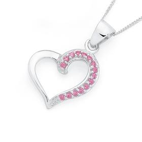 Silver+Pink+Cubic+Zirconia+Open+Side+Heart+Pendant