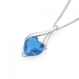 Silver+Blue+Cubic+Zirconia+Heart+Wishbone+Pendant