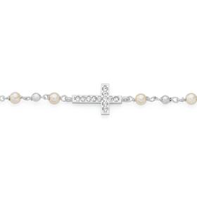 Silver+Cubic+Zirconia+Long+Cross+On+Pearl+Rosary+Bracelet