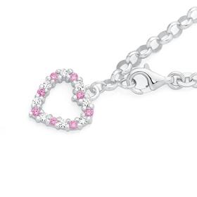 Silver-Pink-White-Cubic-Zirconia-Heart-Belcher-Bracelet on sale