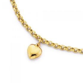 9ct+Gold+25cm+Belcher+Anklet+with+Heart+Charm