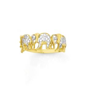 9ct+Gold+Two+Tone+Multi+Elephants+Ring