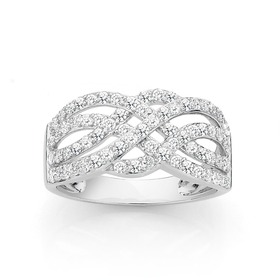 Silver+Cubic+Zirconia+4+Row+Fancy+Plait+Ring+Size+O