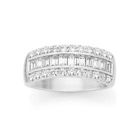 Silver+3+Row+Baguette+%26amp%3B+Round+Cubic+Zirconia+Dress+Ring