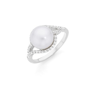 Silver+10mm+Cultured+Fresh+Water+Pearl+CZ+Dress+Ring