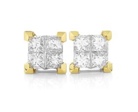 9ct+Gold+Diamond+Princess+Cut+Stud+Earrings