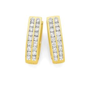 9ct+Gold+Diamond+Round+Brilliant+Cut+Double+Row+Huggie+Earrings