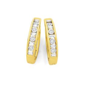 9ct-Gold-Diamond-Round-Brilliant-Cut-Baguette-Cut-Miracle-Set-Huggie-Earrings on sale